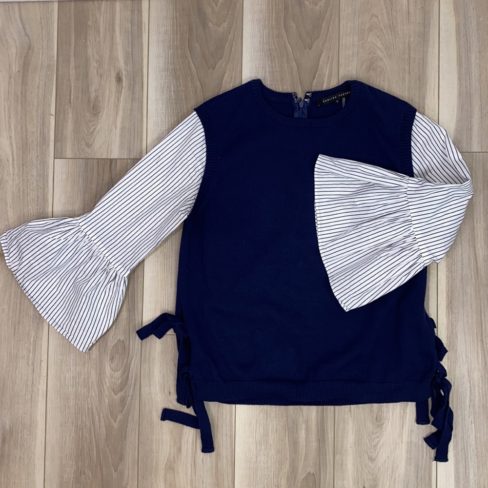 English Factory navy sweater with striped bell sleeves ties at the sides Large